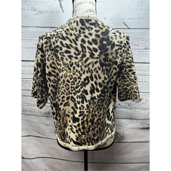 Chicos Leopard Print Knit Cardigan Sweater Jacket Short Sleeve Metallic Size 1 - Picture 2 of 3